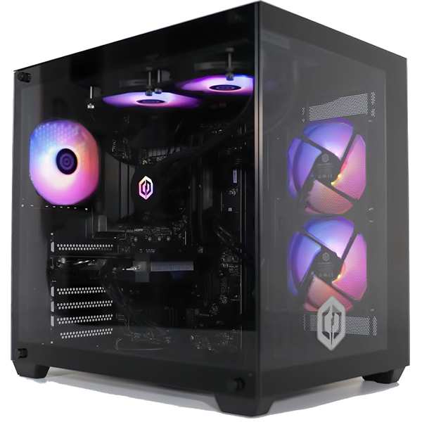Vue de face du CyberpowerPC Luxe montrant son design élégant et son éclairage RGB