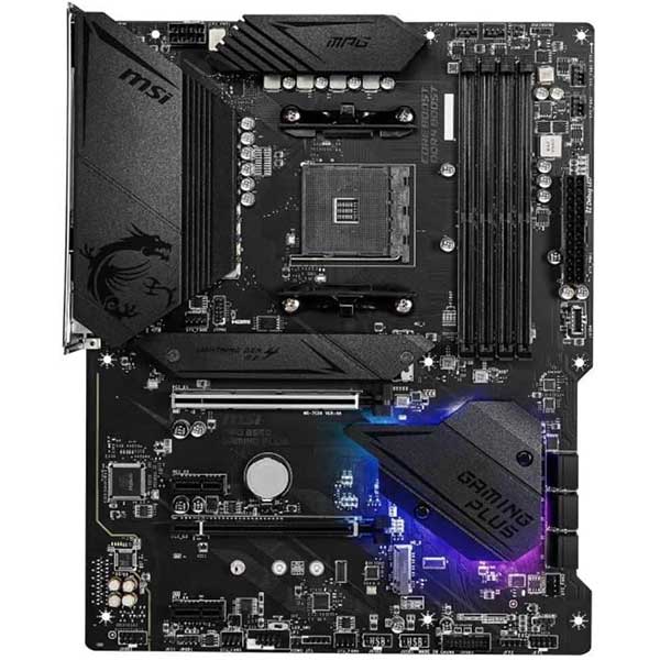 Vue détaillée de la carte mère MSI MPG B550 Gaming Plus avec ses ports et connecteurs
