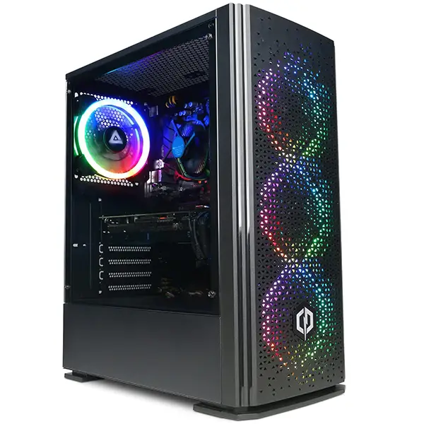 PC gamer Cyberpowerpc Intel Core i5-12400F avec éclairage RGB vibrant en pleine performance.