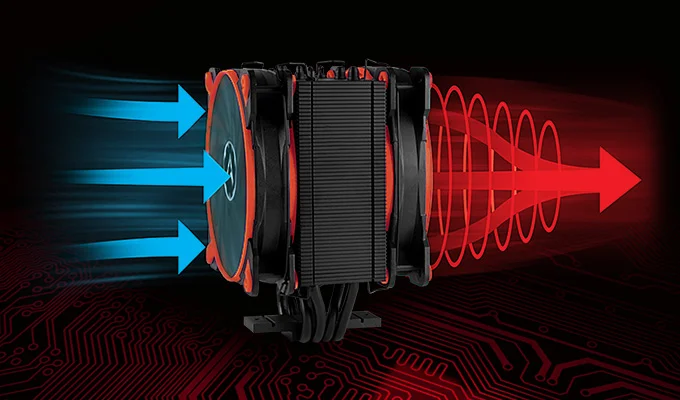 ARCTIC Freezer 34 Esports Duo installé sur une carte mère, montrant les deux ventilateurs BioniX P en configuration push-pull.
