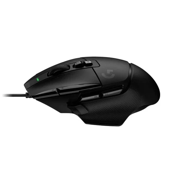 Profil gauche de la souris Logitech G502 X avec les grips texturés et indicateur LED vert