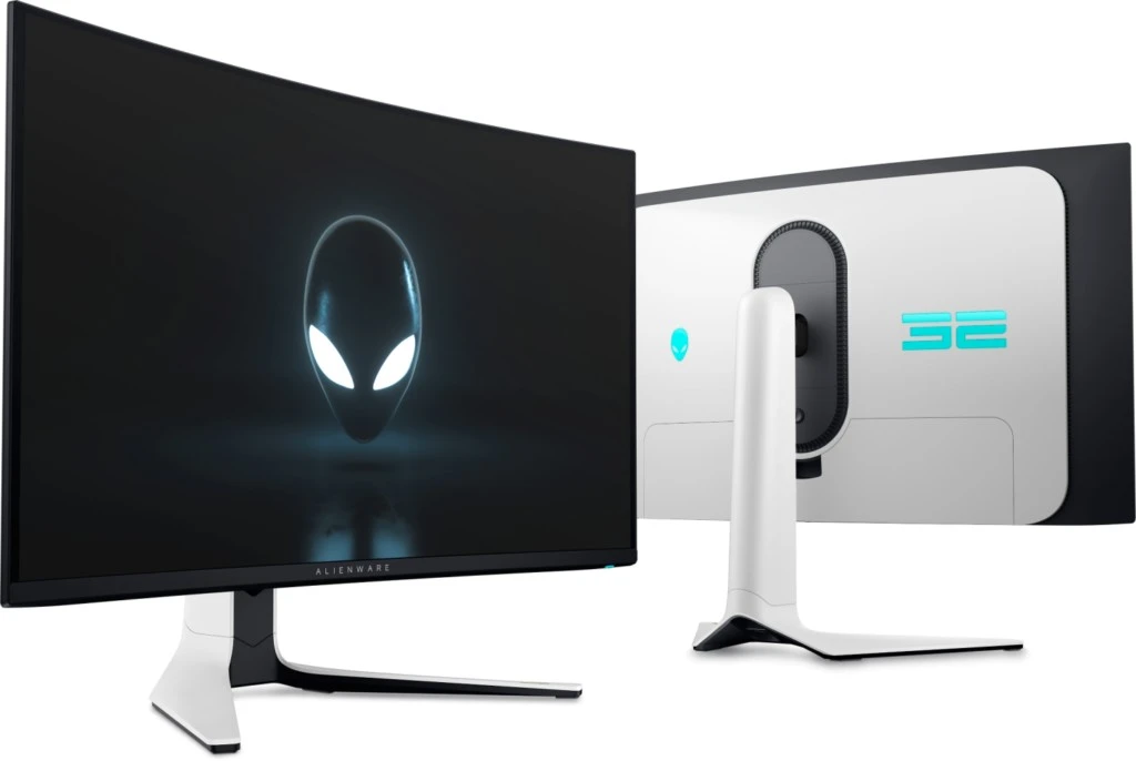 Vue avant et arrière du moniteur Alienware AW3225QF avec design incurvé et finition Lunar Light.