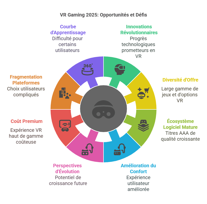 Infographie circulaire sur les opportunités et défis du VR gaming en 2025, illustrant les aspects comme l’innovation technologique, la diversité de l’offre, le coût premium, et les perspectives d’évolution.