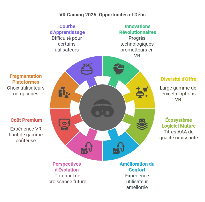 Infographie circulaire sur les opportunités et défis du VR gaming en 2025, illustrant les aspects comme l’innovation technologique, la diversité de l’offre, le coût premium, et les perspectives d’évolution.