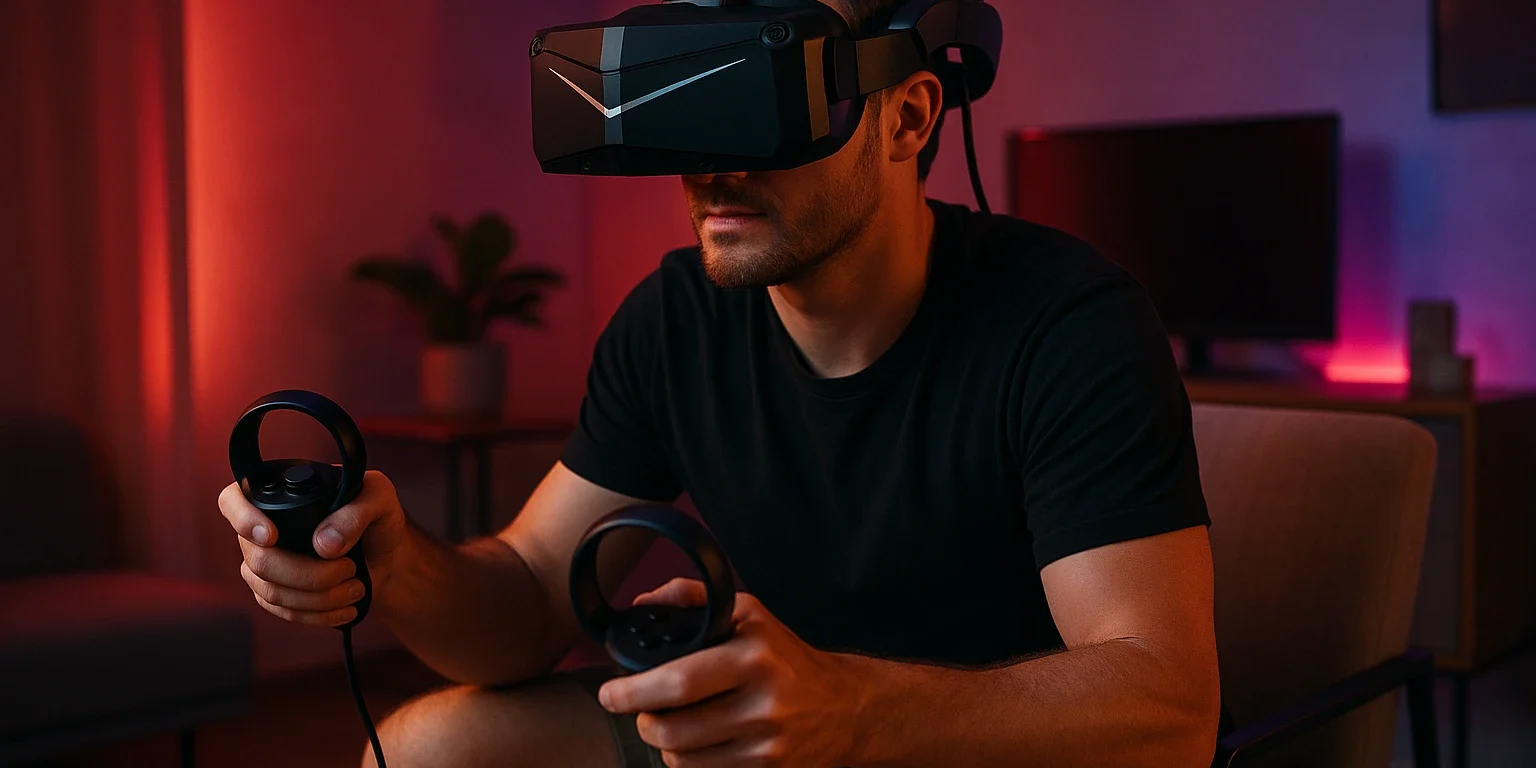 Homme concentré en pleine session de VR gaming à domicile, équipé d’un casque de réalité virtuelle Pimax