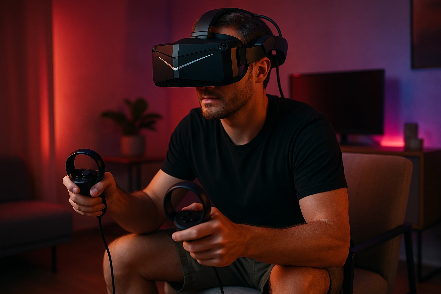 Homme concentré en pleine session de VR gaming à domicile, équipé d’un casque de réalité virtuelle Pimax
