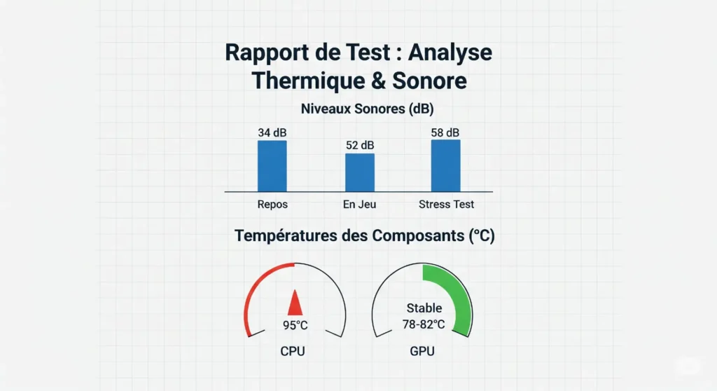 Infographie de l'analyse thermique et sonore, montrant les températures CPU/GPU et les niveaux de bruit en décibels