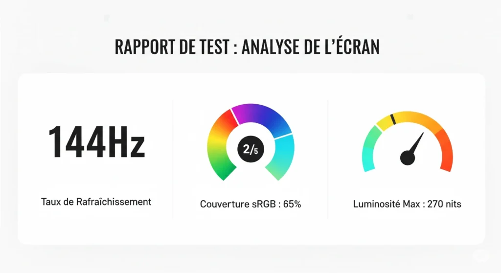 apport de test de l'analyse de l'écran du MSI Cyborg 15 A13VFK, détaillant le taux de rafraîchissement 144Hz, la couverture sRGB et la luminosité