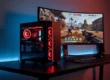 Valorant PC 2026 avec éclairage RGB rouge et blanc, écran incurvé 240Hz affichant un HUD Valorant, setup e-sport haute performance sur bureau noir minimaliste.