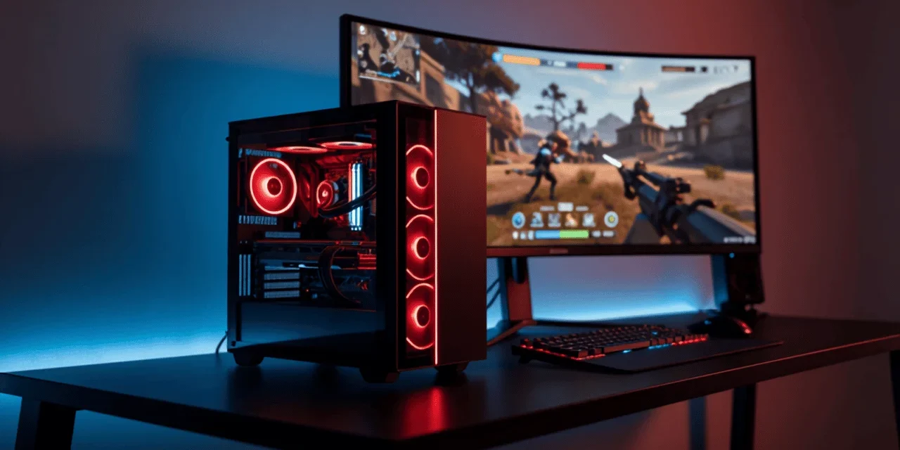 Valorant PC 2026 avec éclairage RGB rouge et blanc, écran incurvé 240Hz affichant un HUD Valorant, setup e-sport haute performance sur bureau noir minimaliste.