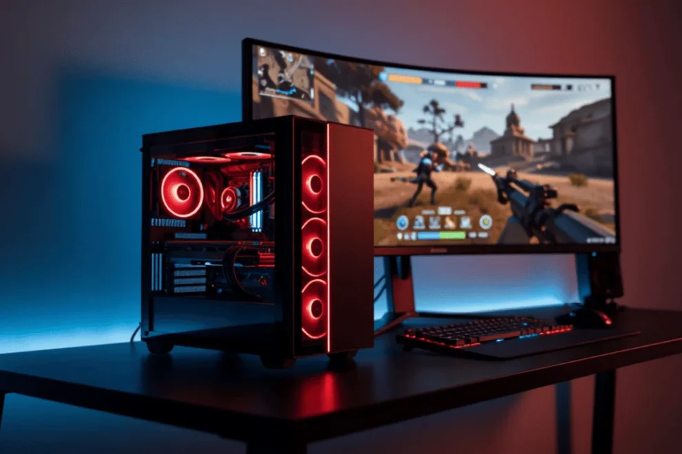 Valorant PC 2026 avec éclairage RGB rouge et blanc, écran incurvé 240Hz affichant un HUD Valorant, setup e-sport haute performance sur bureau noir minimaliste.