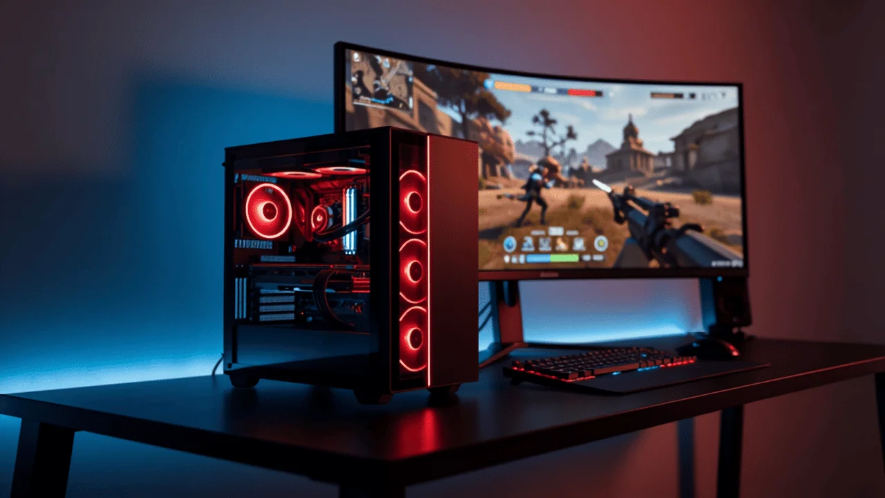Valorant PC 2026 avec éclairage RGB rouge et blanc, écran incurvé 240Hz affichant un HUD Valorant, setup e-sport haute performance sur bureau noir minimaliste.