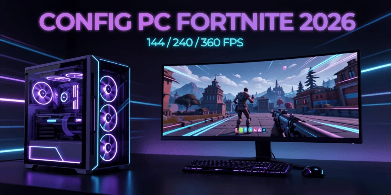 Futuristic Gaming Setup with Neon Glow config pc fortnite 2026 - comparatif setups 144 240 360 fps