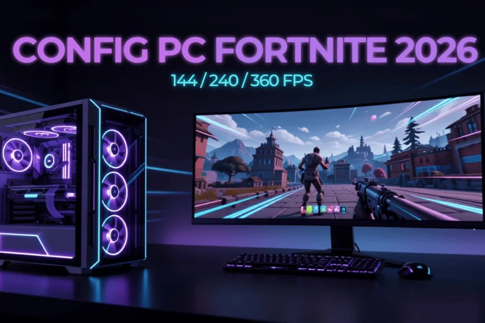 Futuristic Gaming Setup with Neon Glow config pc fortnite 2026 - comparatif setups 144 240 360 fps