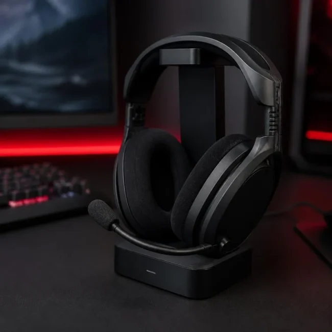 Casque gaming sans fil noir avec micro posé sur sa station de base, sur un bureau gaming (illustration)