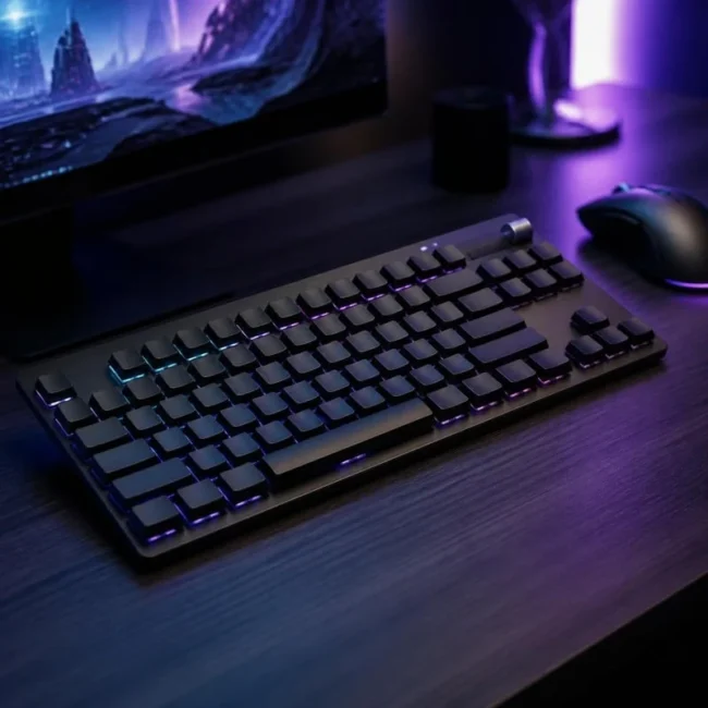 Clavier gaming sans fil ultra-plat format TKL avec rétroéclairage RVB sur un bureau gaming (illustration)