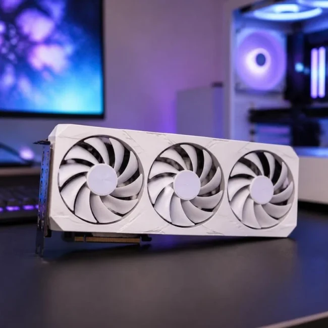 Carte graphique blanche à trois ventilateurs sur un bureau gaming (illustration)